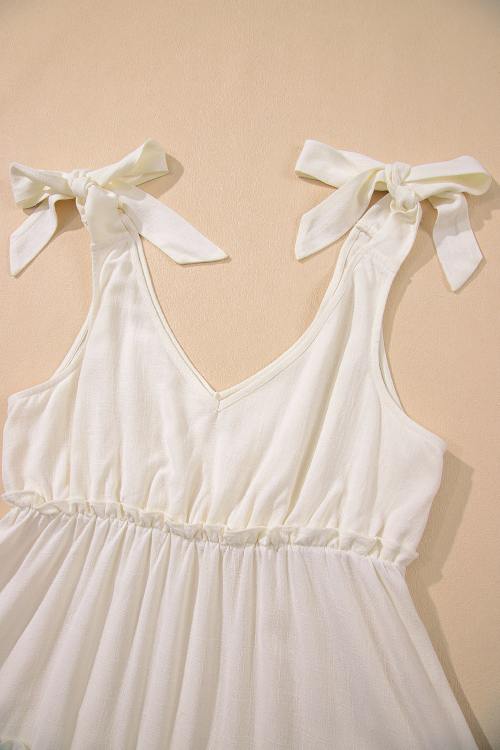 Oatmeal Solid Color Tie Strap Ruffle Tiered Mini Dress