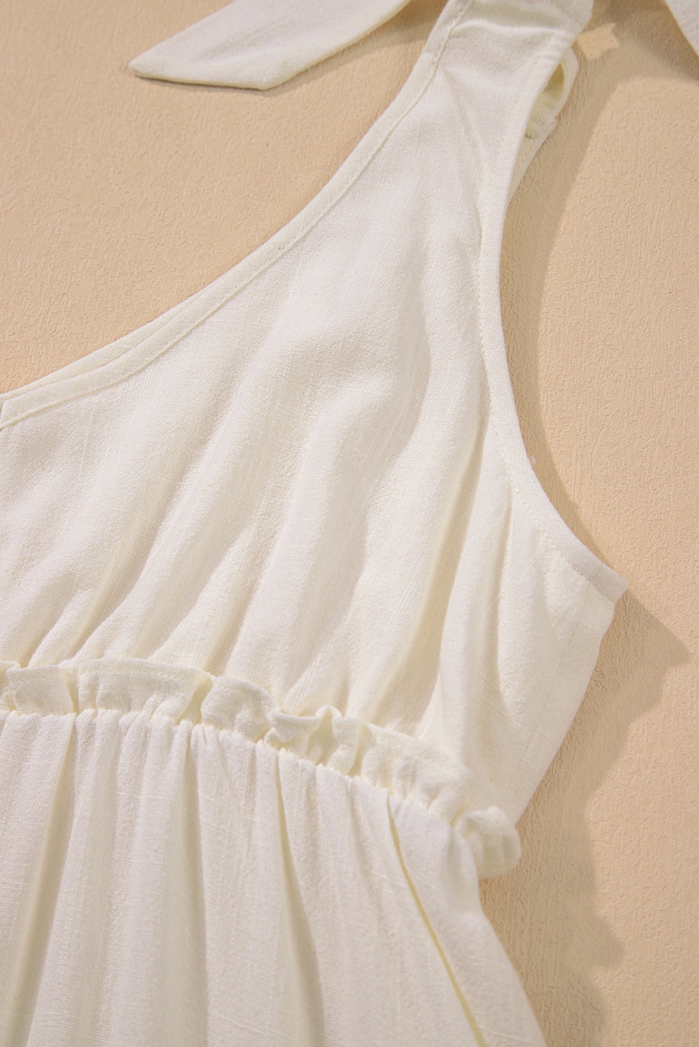 Oatmeal Solid Color Tie Strap Ruffle Tiered Mini Dress