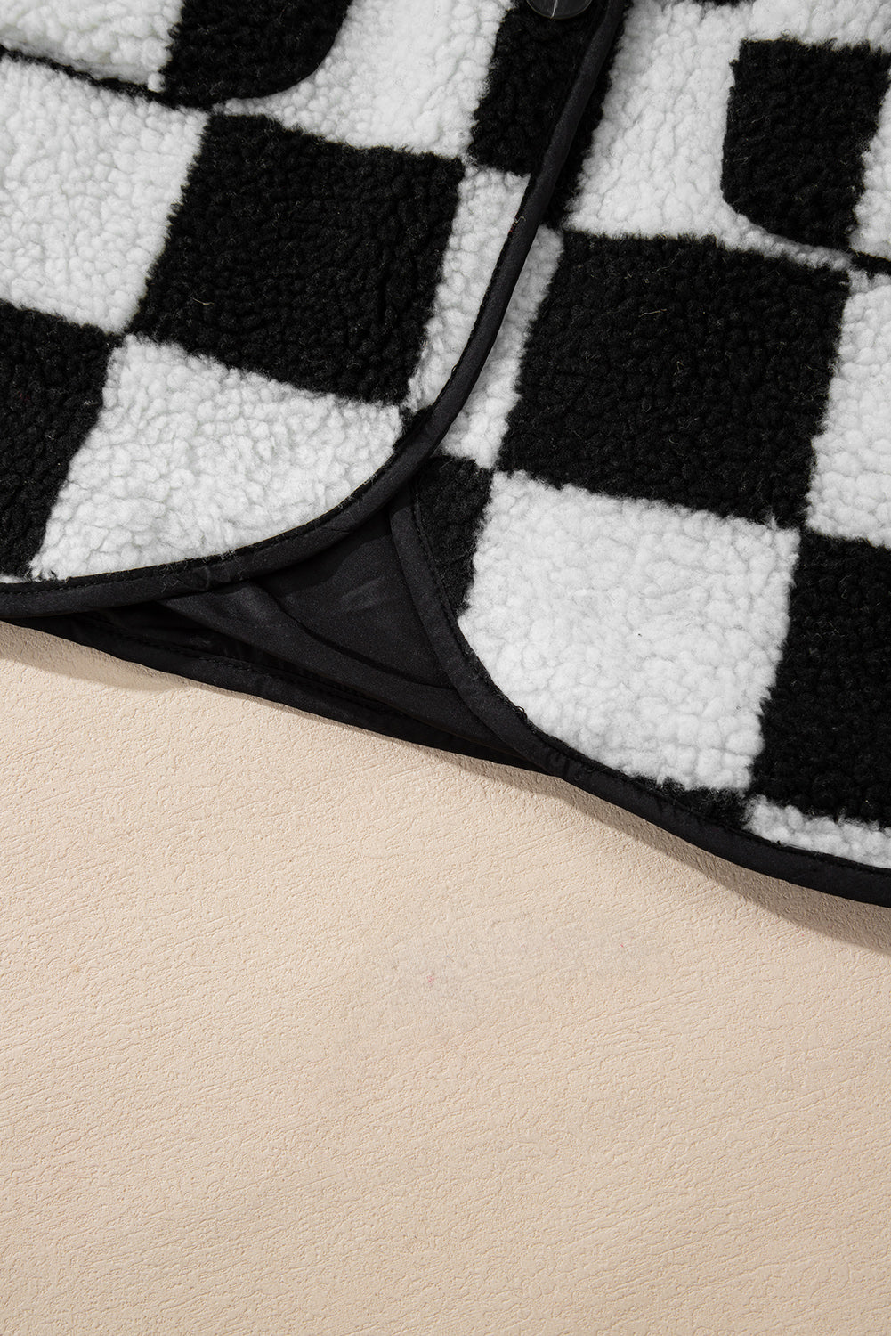 Black Checkered Side Pockets Collared Buttoned Fleece Jacket