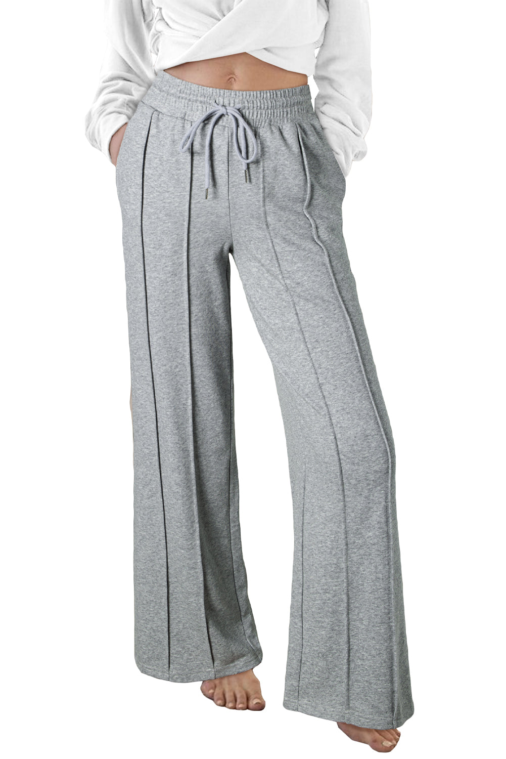 Black Seamed Drawstring High Waist Wide Leg Sweatpants