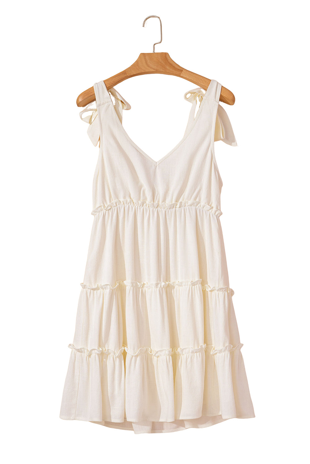 Oatmeal Solid Color Tie Strap Ruffle Tiered Mini Dress