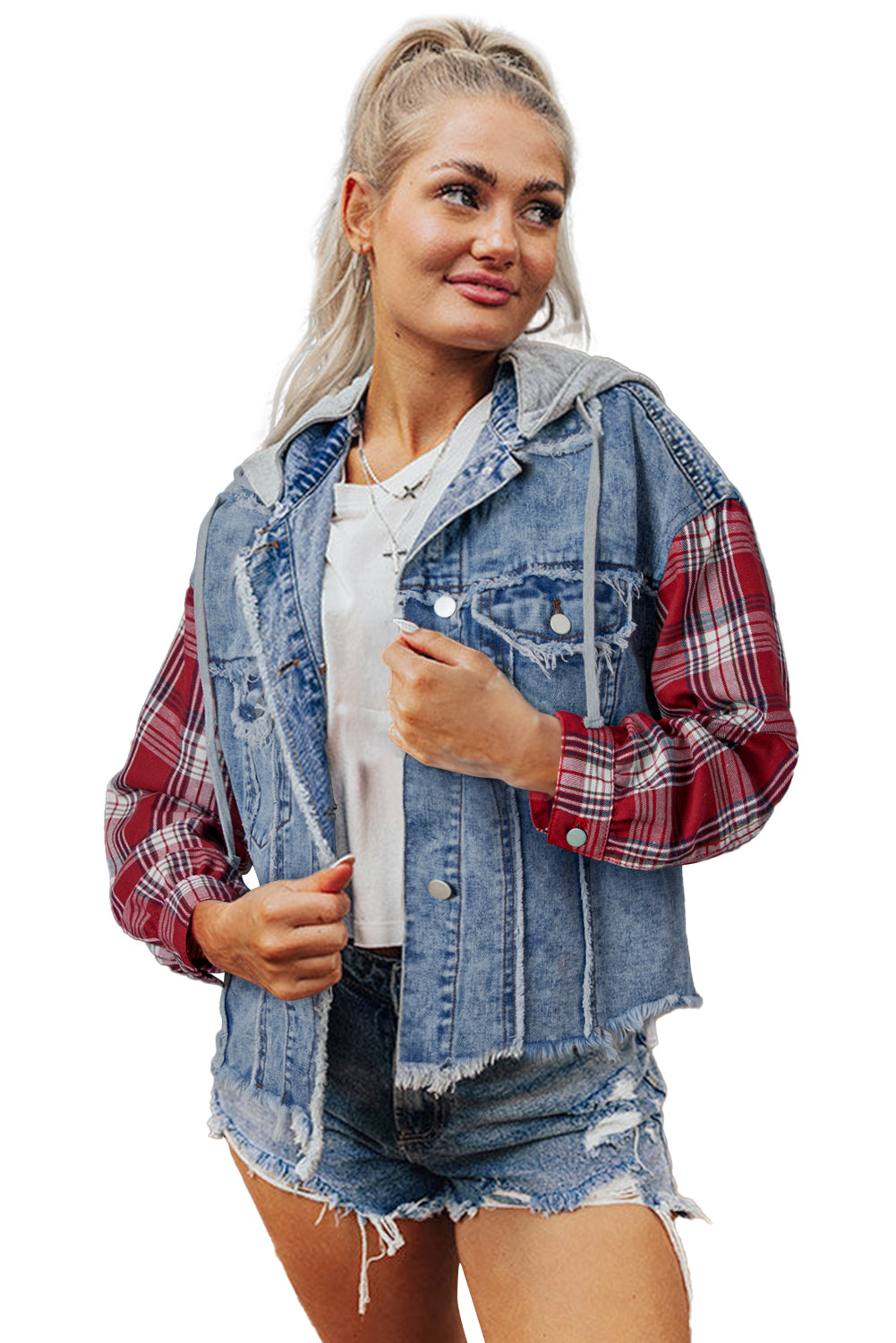 Beau Blue Plaid Print Patchwork Hooded Raw Hem Denim Jacket