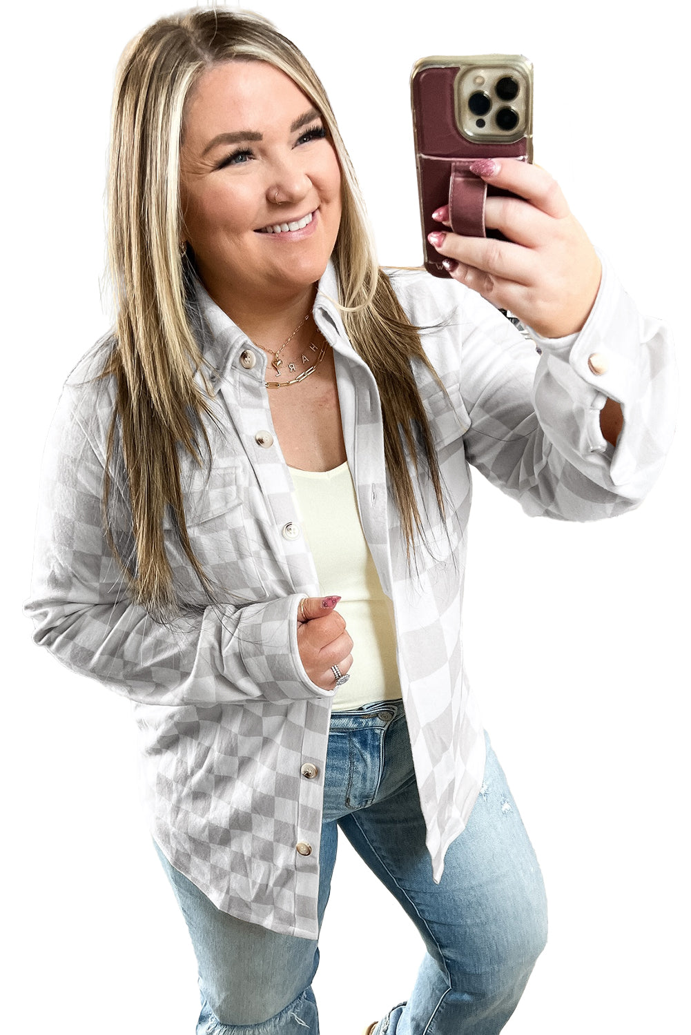 Khaki Checkered Button Down Casual Plus Size Jacket