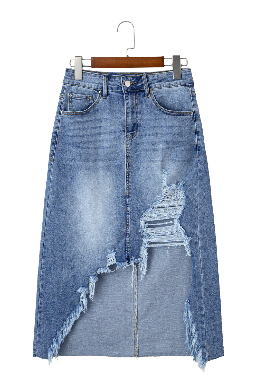 Myosotis Irregular Distressed Hem Denim Midi Skirt