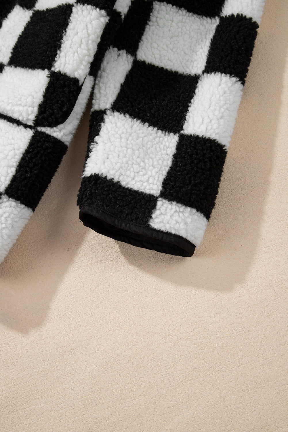 Black Checkered Side Pockets Collared Buttoned Fleece Jacket