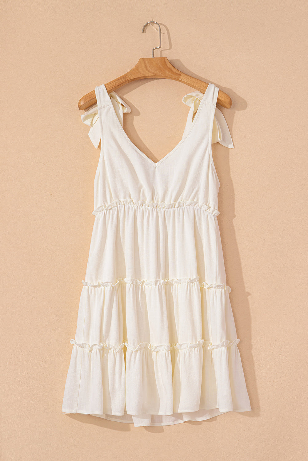 Oatmeal Solid Color Tie Strap Ruffle Tiered Mini Dress