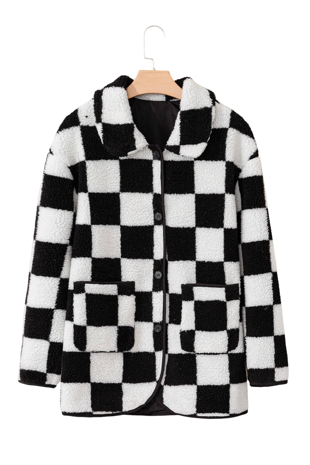 Black Checkered Side Pockets Collared Buttoned Fleece Jacket