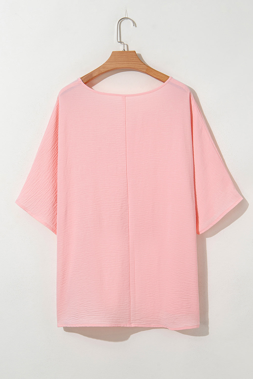 Pink Solid Color V Neck Textured Plus Size Blouse