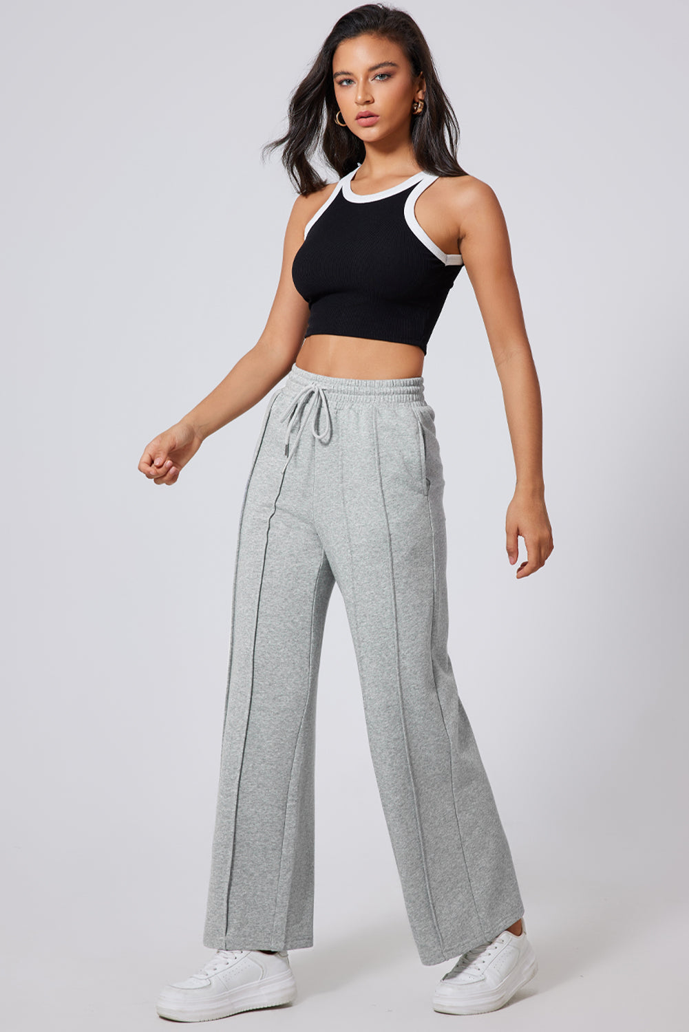 Black Seamed Drawstring High Waist Wide Leg Sweatpants