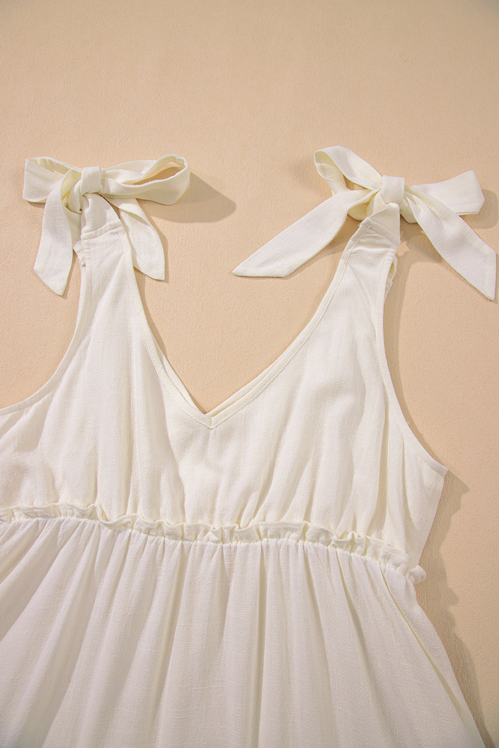 Oatmeal Solid Color Tie Strap Ruffle Tiered Mini Dress